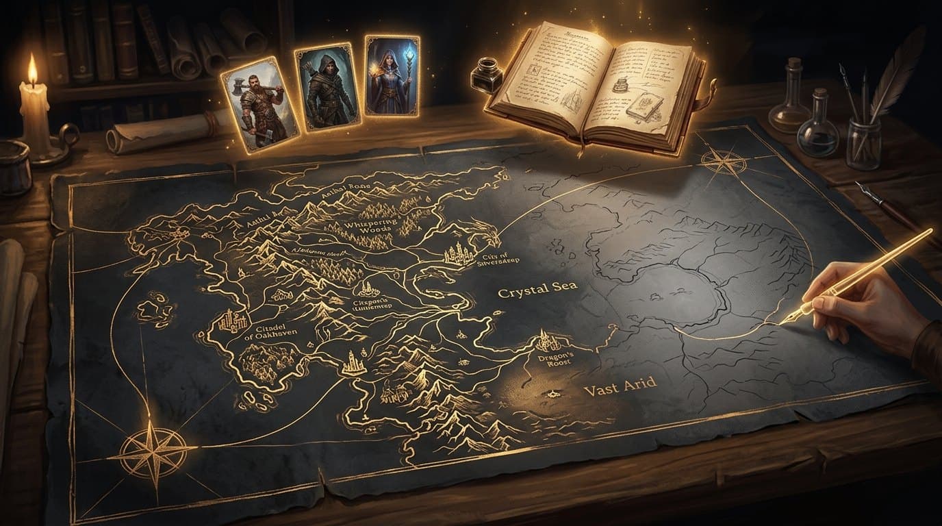A fantasy world map being inked in gold, half finished, with character cards and a journal above it