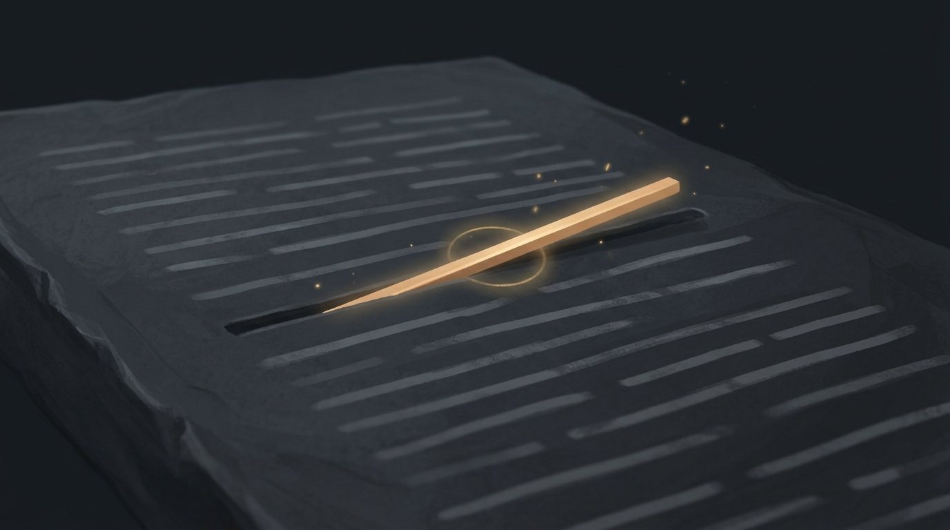 A manuscript page with a single glowing gold line being set back into place