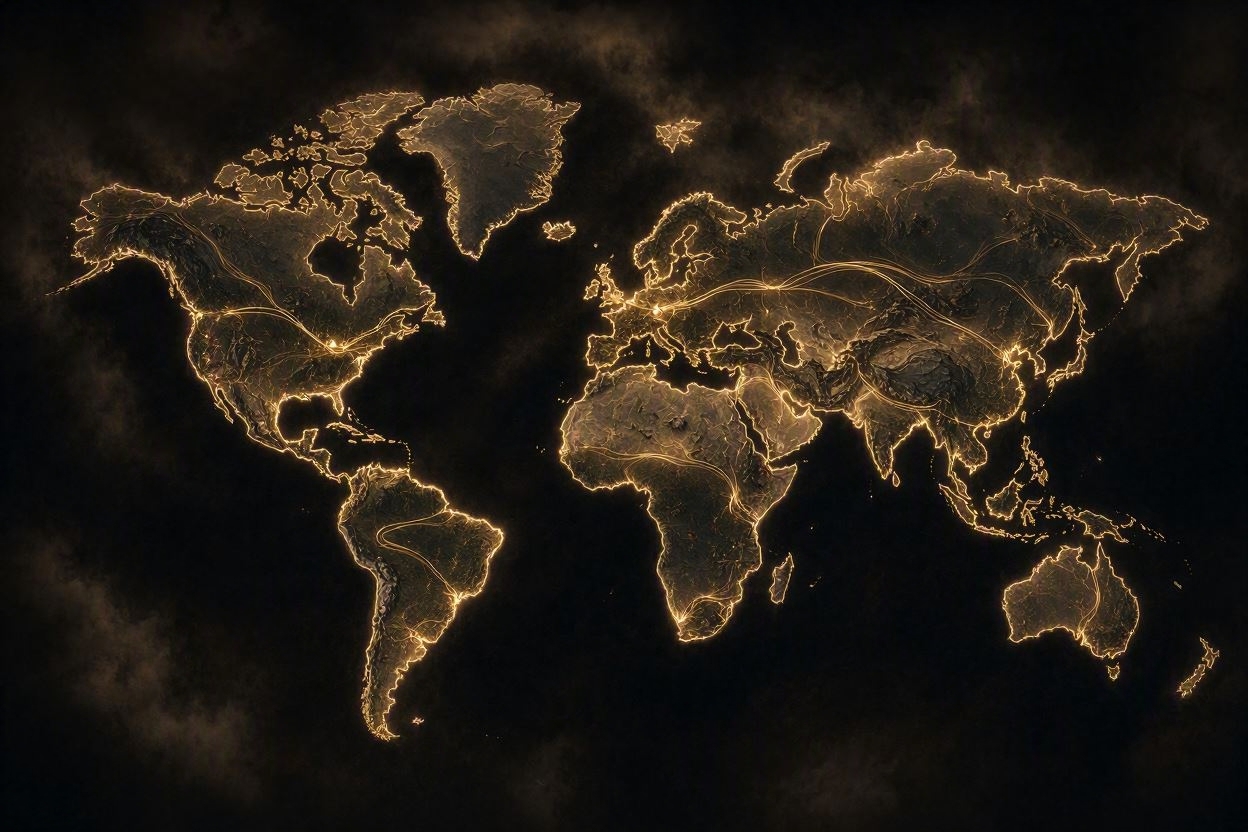 A canvas world map with glowing location markers connected by routes